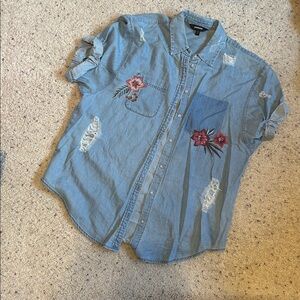 Express Blue Denim Shirt with Floral Embroidery